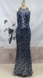 Blue Sequin Round Neck Sleeveless Mermaid Maxi Dress