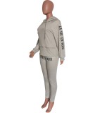 Letter Print Grey Drawstring Hoody Top and Pants Two Piece Set