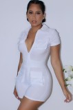White Turndown Collar Short Sleeves Zipper Up Rompers with Pockets