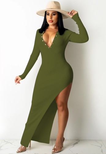 Green Ribbed Snap Button Blackless Irregular Slit Maxi Dress