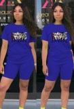 Cartoon Printed Blue Round Neck Tee and Shorts Two Piece Set