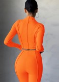 Orange Ribbed Turtleneck Long Sleeves Crop Top and Pants Two Piece Set