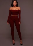 Red Ribbed Off Shoulder Crop Top and Drawstring Pants Two Piece Set