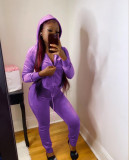 Purple Velvet Fitted Zipper Tracksuit with Hood