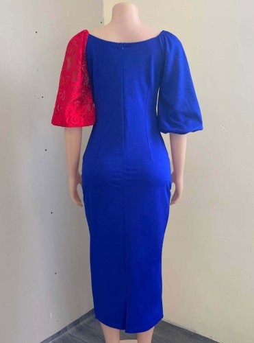 Red Lace Patch Blue V-Neck Puff Sleeve Sheath Midi Dress