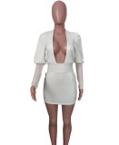 White Plunge Neck Mesh Patched Bubble Sleeve Backless Tight Dress