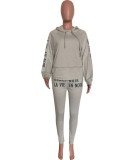 Letter Print Grey Drawstring Hoody Top and Pants Two Piece Set