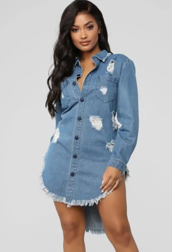 Blue Button Open Distressed High Low Long Denim Jacket