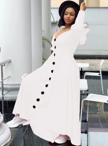 White Ruffled Cami Long Sleeve Button Up Maxi Dress