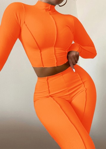 Orange Ribbed Turtleneck Long Sleeves Crop Top and Pants Two Piece Set