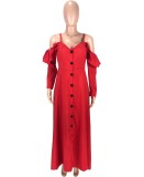 Red Ruffled Cami Long Sleeve Button Up Maxi Dress