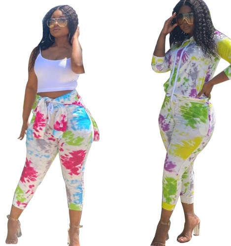 Paints Print Drawstring Hoody Top and Pants Two Piece Set