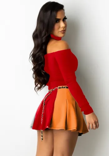 Red Off Shoulder Long Sleeve Crop Top and Mini Pleated Skirts Two Piece Set
