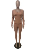 Brown U-Neck Long Sleeve Shirt and Fitted Pants Two Piece Set