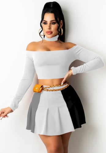 Grey Off Shoulder Long Sleeve Crop Top and Mini Pleated Skirts Two Piece Set