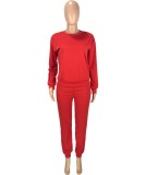 Red Long Sleeves O-Neck Top and Pants Two Piece Set