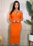 Orange Ribbed V-Neck Long Sleeves Long Bodycon Dress