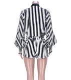 Black Stripe Puff Sleeve Tie Top and Shorts Two Piece Set