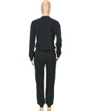 Black Long Sleeves O-Neck Top and Pants Two Piece Set