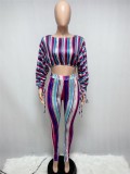 Colorful Striped Puff Sleeve O-Neck Crop Top and Pants Two Piece Set