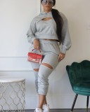 Grey Keyhole Long Sleeve Hoody Top and Pants Two Piece Set