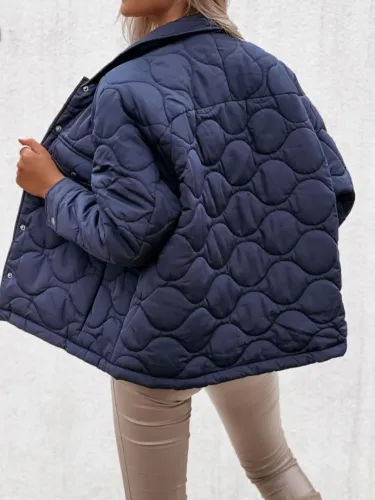 Blue Turndown Collar Button Open Bread Jacket with Pockets