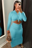 Blue Twist O-Neck Cut Out Long Sleeve Ruched Tight Long Dress