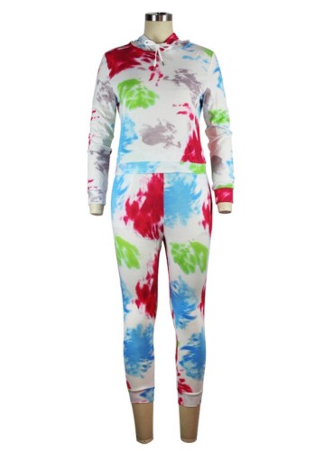 Paints Print Drawstring Hoody Top and Pants Two Piece Set