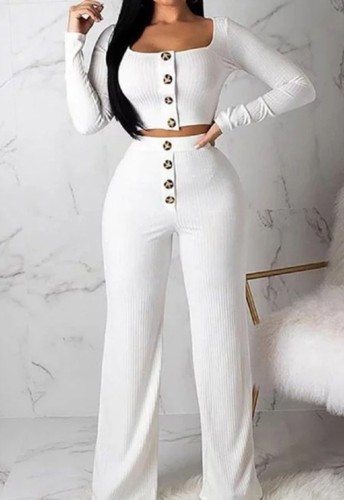 White Ribbed Crop Top and High Waist Pants Two Pieces