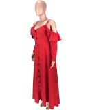 Red Ruffled Cami Long Sleeve Button Up Maxi Dress
