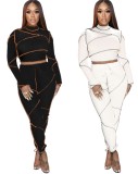 Black Bright Line Long Sleeve Crop Top and Drawstring Pants Two Piece Set