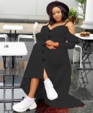 Black Ruffled Cami Long Sleeve Button Up Maxi Dress