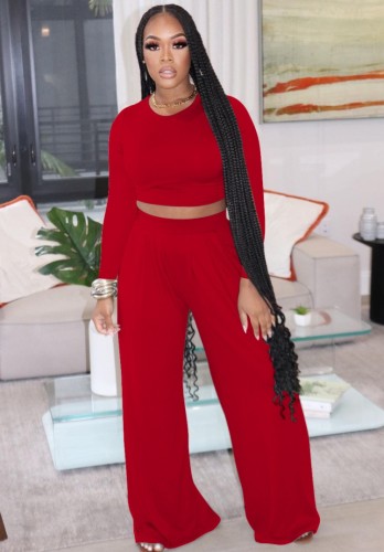 Red Long Sleeve O-Neck Crop Top And Loose Pants Two Piece Set