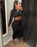Black Twist O-Neck Cut Out Long Sleeve Ruched Tight Long Dress