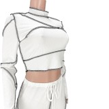 White Bright Line Long Sleeve Crop Top and Drawstring Pants Two Piece Set