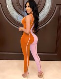 Pink and Orange Contrast Sleeveless Zipper Up Tight Jumpsuit