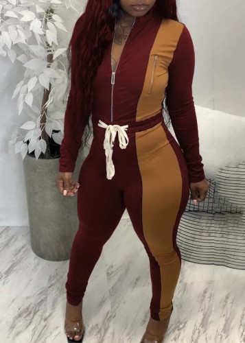 Red and khaki Contrast Zipper Up Top and Pants Two Piece Set