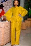 Yellow Silk Bubble Sleeve Top and High Waist Pants Two Piece Set