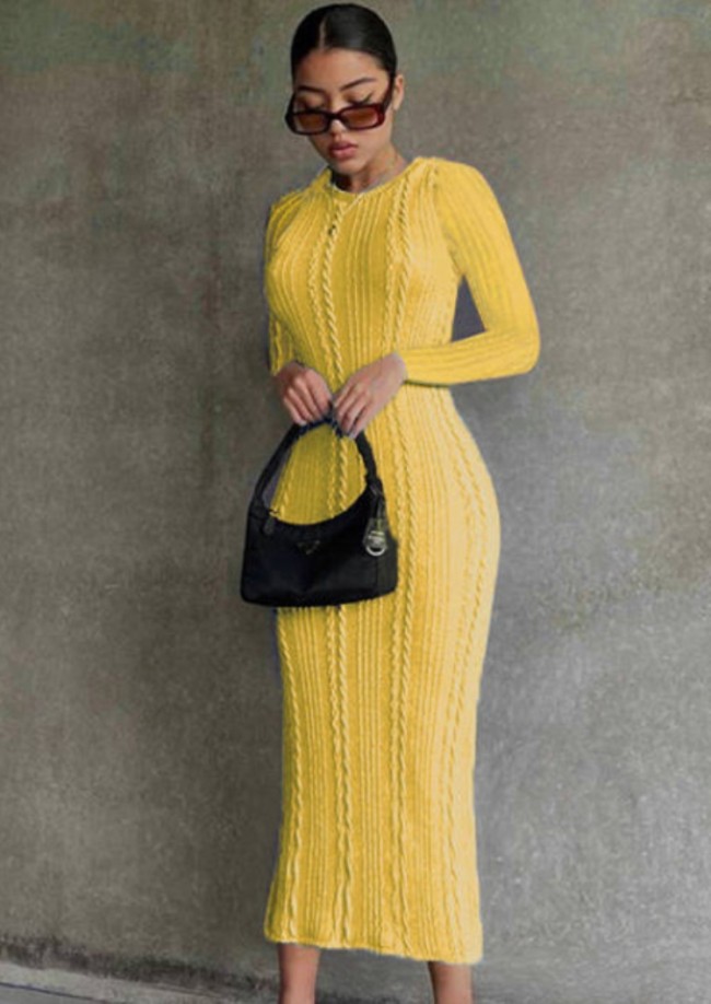 Yellow Knitted Long Sleeve O-Neck Slinky Long Dress