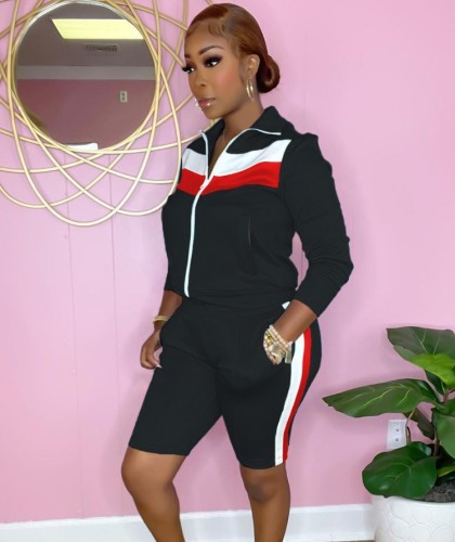 Color Block Black Zip Up Long Sleeve Top and Short Two Piece Set