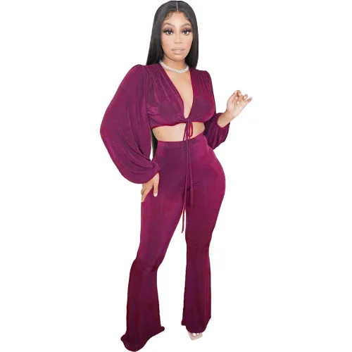 Velvet Hot Pink Puff Sleeve Crop Top and Flare Pants 2PCS Set