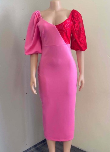 Red Lace Patch Pink V-Neck Puff Sleeve Sheath Midi Dress