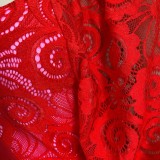 Red Lace Patch V-Neck Puff Sleeve Sheath Midi Dress