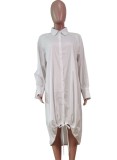 White Drawstrings Hem High Low Button Up Long Sleeves Loose Blouse Dress