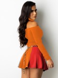 Orange Off Shoulder Long Sleeve Crop Top and Mini Pleated Skirts Two Piece Set