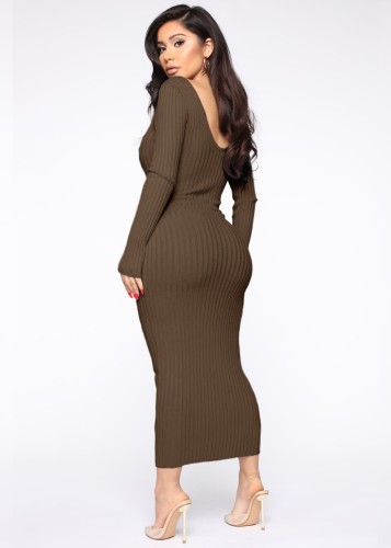 Brown Ribbed V-Neck Long Sleeves Long Bodycon Dress