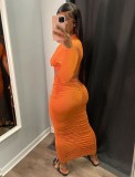 Orange Twist O-Neck Cut Out Long Sleeve Ruched Tight Long Dress