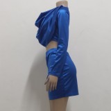 Blue Dripped Collar Top and Split Mini Skirt Two Piece Set