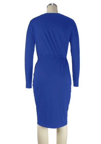 Lip Print Drawstrings Blue O-Neck Long Sleeve Midi Dress