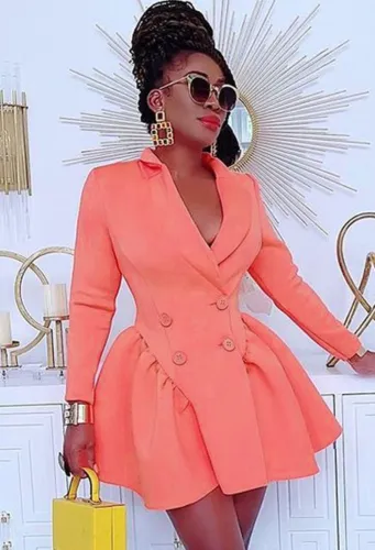 Pink Double-Breasted Turndown Collar Mini Shirring Blazer Dress